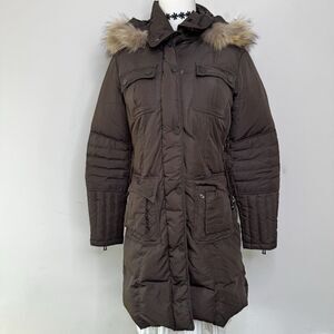 Y2K Brown Puffer Coat Faux Fur Hood Down Longline Jacket Streetwear Archive M